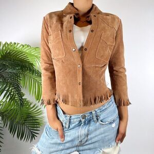 Vintage Y2K Roxy Suede Western Coastal Cowgirl Cropped Boho Fringe Jacket / S